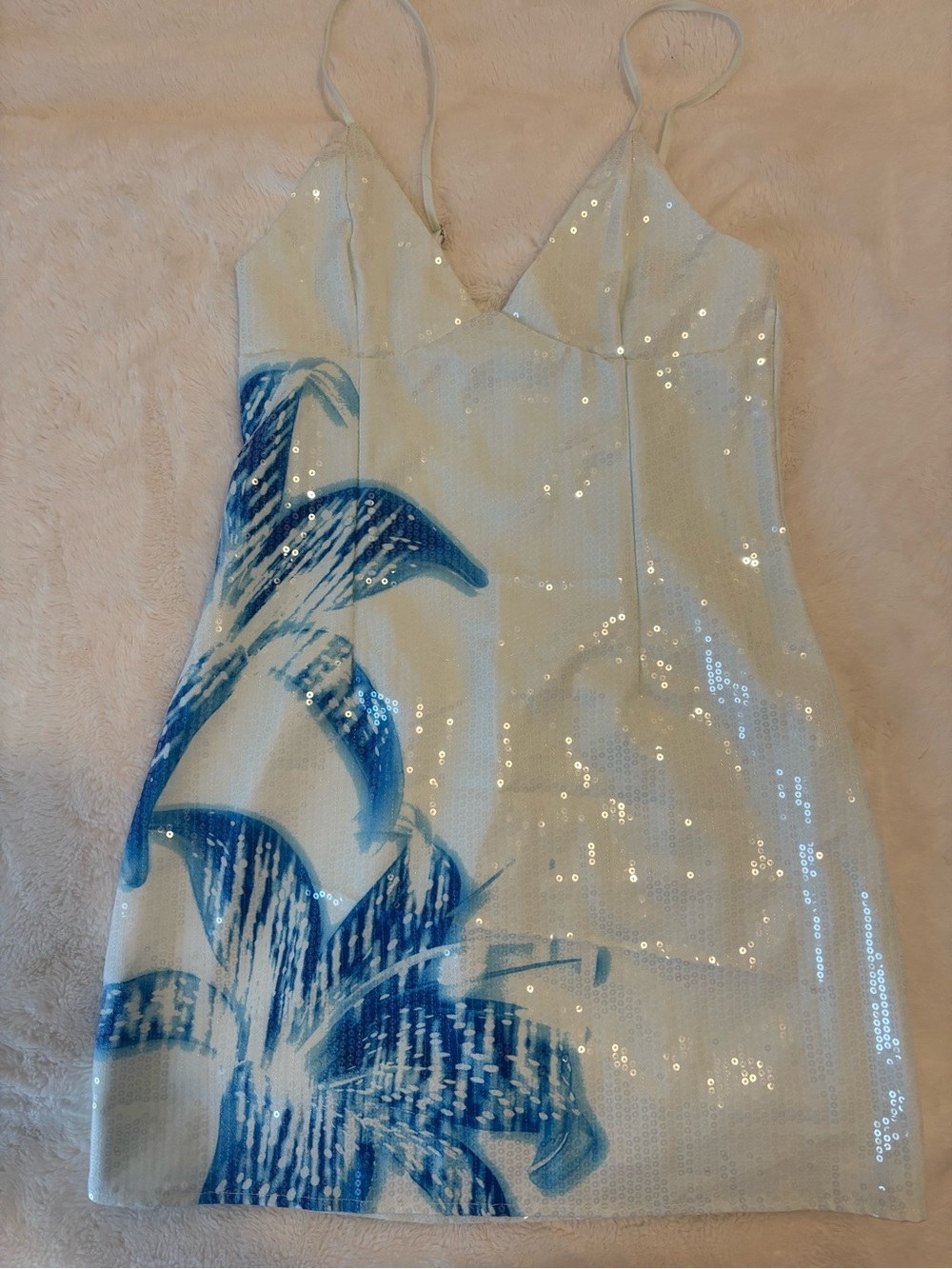 White Fox Boutique White Sequin Mini Dress with Blue Floral Print
